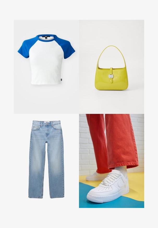 Krátký rukáv, zkrácený tričko s bílým tělem a modrými raglánovými rukávy. Vyrobeno ze 100% bavlny, s kulatým výstřihem a prošívaným lemem.; Světle modré denimové džíny se střihnutím rovného nohavice, v pěti kapsách a viditelnými švy. Materiál je měkký a má jemně vybledlý vzhled.; Bílé kožené tenisky s perforovanou špičkou, texturovanou podešví a bílými tkaničkami, v kombinaci s širokými červenými kalhotami a modro-žlutým pozadím.; Žlutá lakovaná kabelka se strukturovaným tvarem, horním uchem a předním uzavíráním na patent s kruhovým kovovým logem.