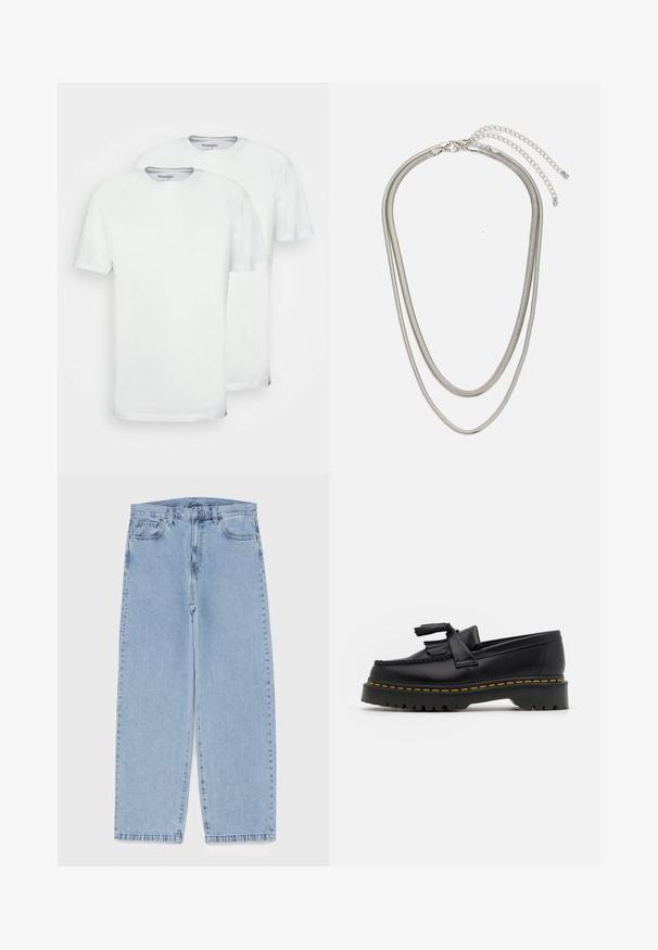 Två vita bomulls t-shirts med kort ärm och rundad halsringning. Har en slät yta och inga synliga mönster eller motiv.; Ljusblå denimjeans med rak bendesign, midjehög midja, fem fickor samt knapp- och dragkedjestängning.; Svart läderloafer med en tofsdetalj, med en kraftig svart sula och gul söm längs kanten. Strukturerad yta.; Tre-lager silvermetallhalsband med eleganta, flexibla kedjor med en svag glans, säkrad med ett kräftklämma och justerbar kedja.