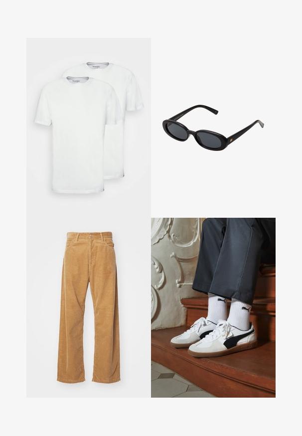 Twee witte katoenen t-shirts met korte mouwen en een ronde hals. Kenmerken een gladde textuur en geen zichtbare patronen of ontwerpen.; Corduroy wijde broek in een tan kleur. Kenmerkt zich door geprofileerde, verticale ribbels, met een standaard tailleband en twee voorzakken.; Puma sneakers in wit en zwart suède, met een bruine rubberen zool. Gecombineerd met witte sokken met een zwart logo, gedragen met donkere broek.; Zwarte oversized zonnebril met ovale lenzen, een glad plastic montuur en gouden accenten op de pootjes. Donkere lenzen bieden bescherming tegen de zon.