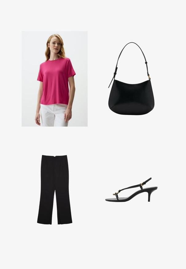 T-shirt z krótkim rękawem i okrągłym dekoltem w jasnoróżowym kolorze, wykonany z miękkiego materiału, zestawiony z białymi spodniami. Prosty design bez widocznych wzorów czy akcentów.; Czarne spodnie o prostym kroju, z przednimi kieszeniami i bocznymi rozcięciami na dole. Wykonane z miękkiego, gładkiego materiału. Odpowiednie na różne okazje.; Czarne skórzane sandały na koturnie z cienkimi paskami, złotą klamrą i minimalistycznym pętelką na palce na białym tle.; Czarna skórzana torba na ramię o gładkiej fakturze, zaokrąglonym kształcie i regulowanym uchwycie. Charakteryzuje się minimalnym przeszyciem i prostym designem.