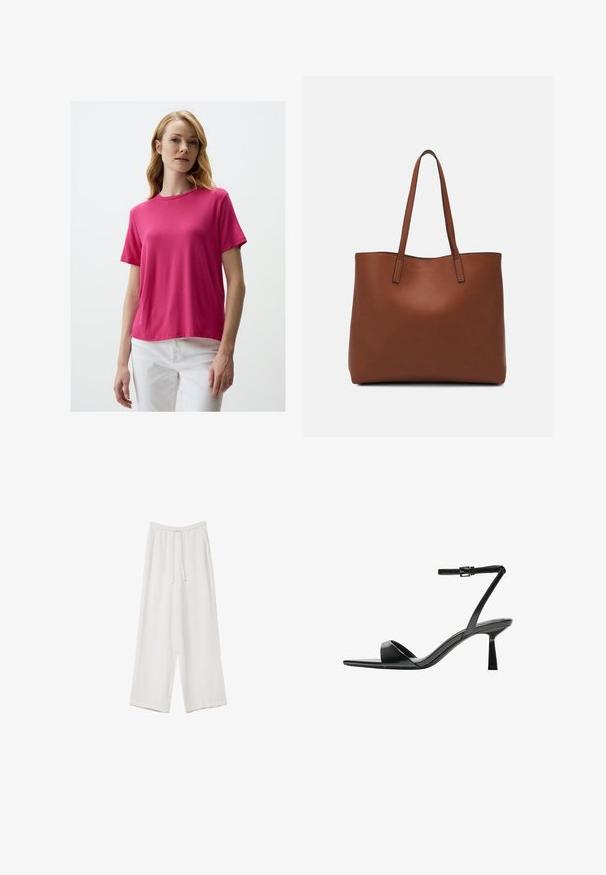 Kurzärmliges T-Shirt mit Rundhalsausschnitt aus leuchtend pinkem Stoff mit weicher Textur, kombiniert mit weißen Hosen. Einfaches Design ohne sichtbare Muster oder Akzente.; Weiße weit geschnittene Hose aus leichtem Stoff. Mit einem elastischen Bund und Kordelzug sowie Seitentaschen. Glatte Textur.; Bershka High Heel Sandalette - black; Braune Leder-Tote mit glatter Textur, offenem Oberteil und zwei Schulterriemen. Verfügt über minimale Nähte und keine sichtbaren Beschläge.