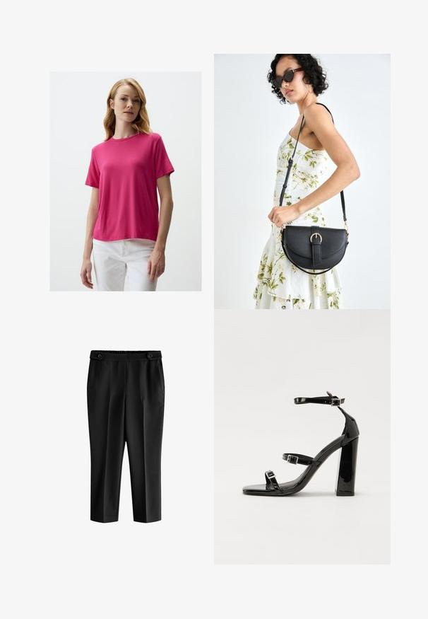 Kurzärmliges T-Shirt mit Rundhalsausschnitt aus leuchtend pinkem Stoff mit weicher Textur, kombiniert mit weißen Hosen. Einfaches Design ohne sichtbare Muster oder Akzente.; Schwarze, cropped Stoffhosen mit einer lockeren Passform, elastischem Bund und zwei Vordertaschen. Der Stoff hat eine glatte Textur mit einem leicht glänzenden Finish.; Schwarze patentierte Sandalen mit Absatz, quadratischer Spitze, Knöchelriemen und silbernen Schnallen. Mit einem stabilen Blockabsatz für mehr Stabilität.; Schwarze Lederhandtasche mit geschwungener Form, abnehmbarem Tragegurt und goldenen Beschlägen. Die Tasche verfügt über einen Deckel mit einer Schnallen-Details.