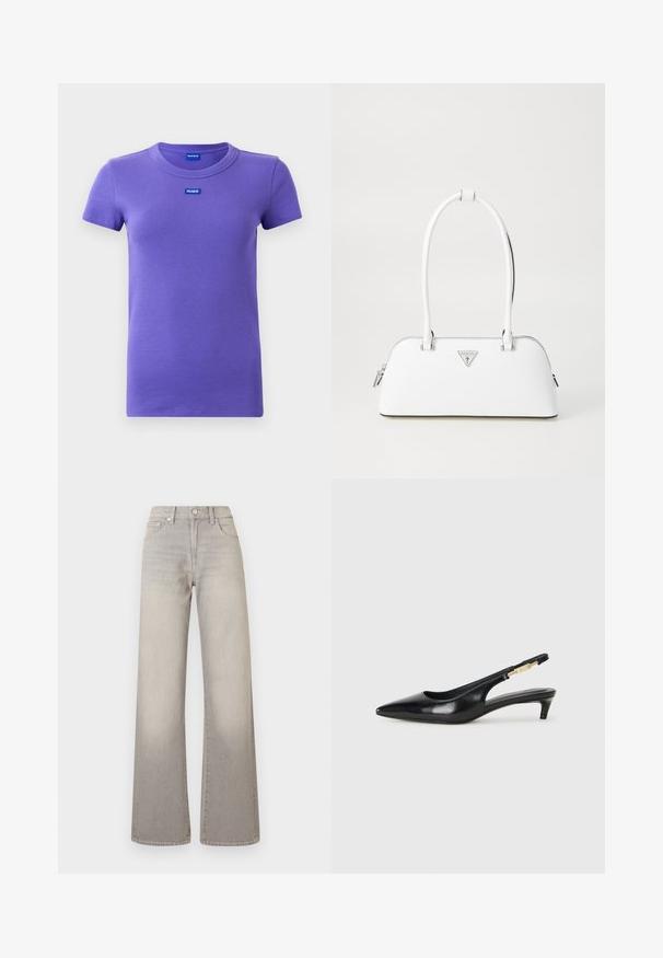 T-shirt roxa de manga curta em malha canelada, com decote redondo e pequenos logótipos azuis "HUGO" no peito e no interior da gola.; Jeans largos cinzentos com um acabamento desbotado, fecho de botão, design de cinco bolsos e detalhes costurados ao longo das costuras.; Saltos slingback em couro preto com bico fino, apresentando um salto esguio e um detalhe em tom dourado na alça ajustável. Textura suave.; Bolsa de pele branca com um formato curvado, apresentando um logótipo triangular em prata e fecho de correr. Textura suave e alças duplas.