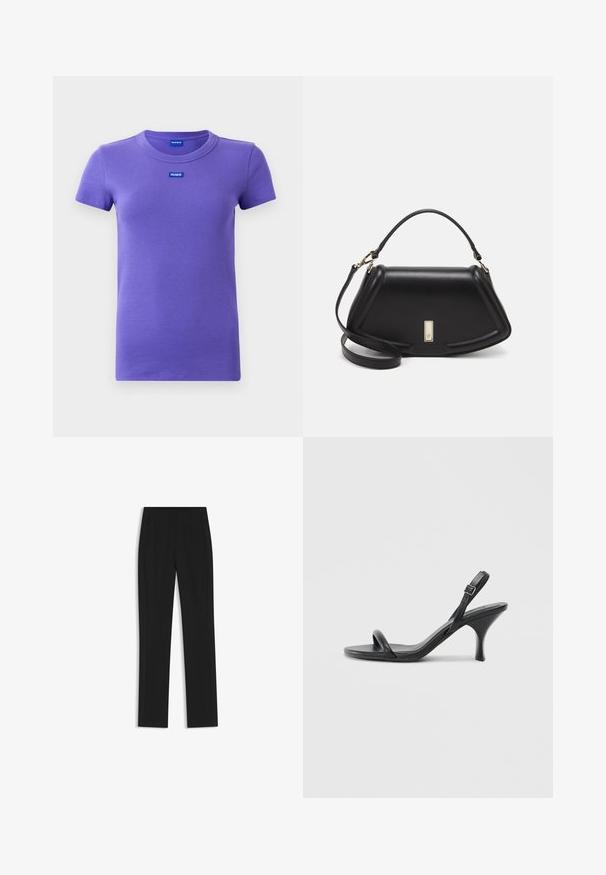Camiseta corta de manga con cuello redondo de punto acanalado color púrpura, con pequeños logos azules de "HUGO" en el pecho y dentro del cuello.; Pantalones de traje negros con un diseño de pierna recta, que cuentan con bolsillos delanteros y una tela suave y texturizada. Detalles limpios y minimalistas.; Sandalias de tacón alto de cuero negro con un tacón delgado y curvado y un diseño de tiras cruzadas. Correa para el tobillo ajustable. Textura suave.; Bolso de mano de cuero negro con un diseño estructurado, que presenta una forma recortada, asa superior y acentos en dorado. Correa de hombro ajustable incluida.