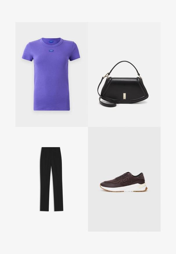 Lila lyhythihainen ribbikudos t-paita, jossa on pyöreä kaula-aukko ja pieniä sinisiä "HUGO"-logoja rinnassa ja kauluksen sisällä.; Mustat räätälöidyt housut suoran lahkeen designilla, joissa on etutaskut ja sileä, teksturoitu kangas. Siistit, minimalistiset yksityiskohdat.; Tummanruskea lenkkari mustalla vuorilla, kohokuvioitu logo sivulla, valkoinen paksu pohja ja kumivärinen ulkopohja yksinkertaisella taustalla.; Mustalla nahkalaukulla, jossa on jämäkkä muotoilu, lyhyt malli, yläkahva ja kultaiset yksityiskohdat. Säädettävä olkahihna sisältyy.