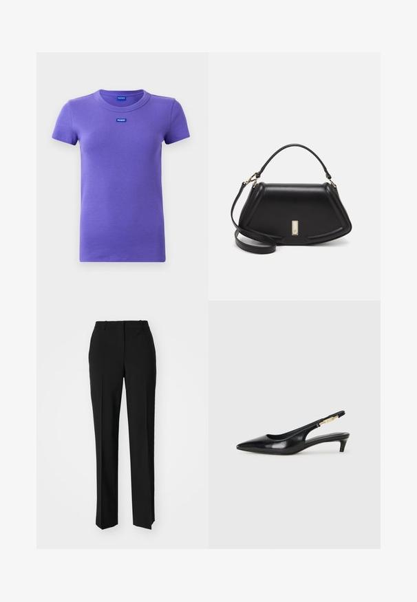 T-shirt a maniche corte in maglia ribattuta di colore viola con scollo rotondo e piccoli loghi blu "HUGO" sul petto e all'interno del colletto.; Pantaloni neri su misura con un design a gamba dritta, caratterizzati da una texture liscia e pieghe ben definite sul davanti. Senza hardware visibile.; Tacchi slingback in pelle nera con punta affusolata, caratterizzati da un tacco alto e un accento dorato sulla cinghia regolabile. Texture liscia.; Borsa a mano in pelle nera con un design strutturato, caratterizzata da una forma corta, manico superiore e accessori in metallo dorato. Inclusa tracolla regolabile.