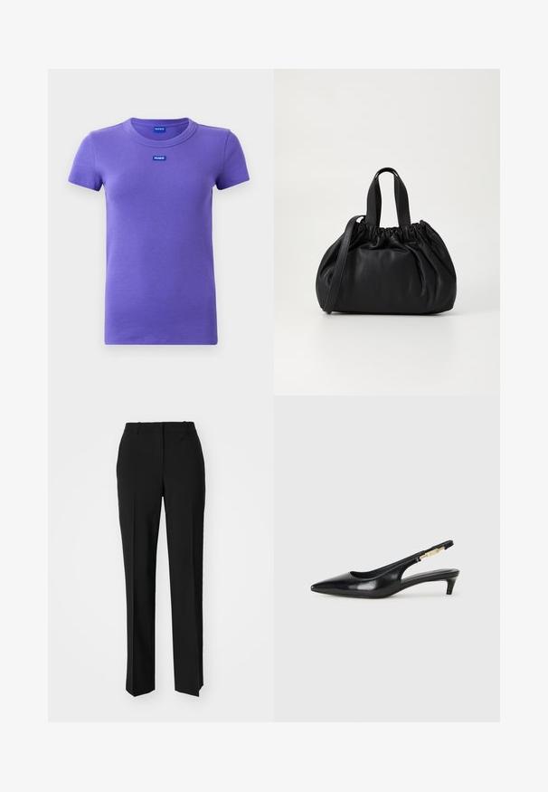Purple short-sleeve ribbed knit t-shirt with round neckline and small blue "HUGO" logos on chest and inside collar.; Black tailored trousers with a straight-leg design, featuring a smooth texture and crisp creases along the front. No visible hardware.; Black leather slingback heels with a pointed toe, featuring a slim heel and a gold-tone accent on the adjustable strap. Smooth texture.; Black leather handbag with a gathered top design, featuring two short handles and a long adjustable strap. Smooth texture, rounded shape.