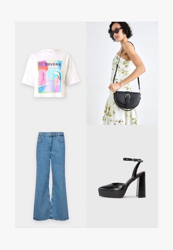 Hvid kortærmet t-shirt med et farverigt grafisk print, der skildrer en scene i Havana, med en kvinde i pink og blå nuancer.; Lysblå flagrende jeans lavet af denim, med høj talje, fem lommer og en enkelt knaplukning. Blød tekstur med en falmet finish.; Sorte platformhæle med spidse tæer og justerbar ankelrem. Construeret i glat læder, med en kraftig blokhæl.; Sort læderhåndtaske med en buet form, aftagelig rem og guldfinish. Tasken har en klap med en spænde detalje.