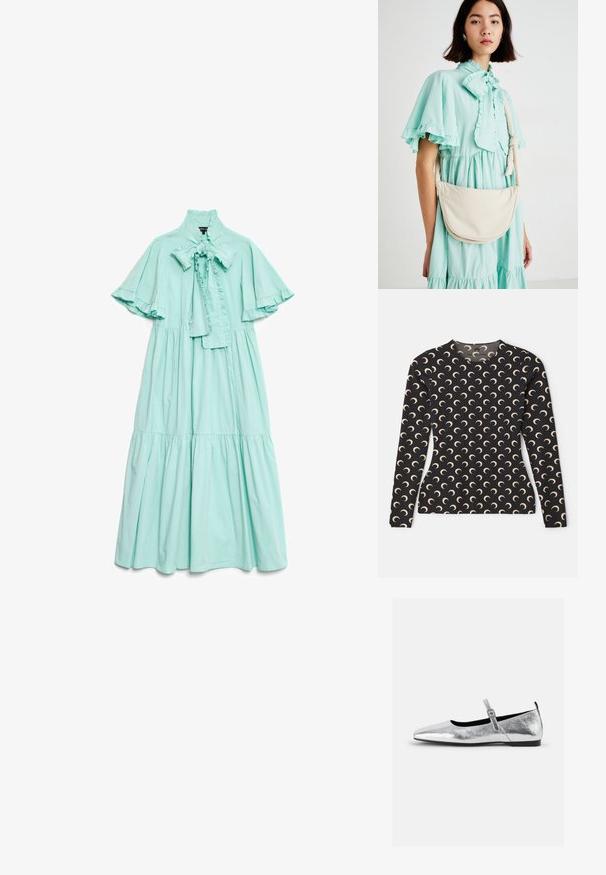 Črna majica z dolgimi rokavi, okrašena s ponavljajočim se vzorcem polmeseca v bež barvi. Ima okroglo ovratnico in gladko, elastično tkanino.; Mint zelena, obleka do kolen iz lahkotnega materiala z visokim nabranim ovratnikom, detajlom z mašnjo in kratkimi lebdečimi rokavi.; Srebrni metalik baletni čevelj z obliko konic, zankasta trak z nastavljivim sponko, teksturirana površina in minimalistični črni podplat.; Krema barve torbica s ukrivljeno obliko, mehko teksturo in nastavljivim ročajem, nosi se over svetlo mentolno zeleno obleko z naborki.