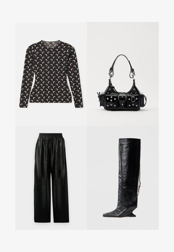 Long-sleeve black top with a repeated crescent moon pattern in beige. Features a round neck and smooth, stretchy fabric.; Black leather wide-leg pants with an elastic waistband, featuring two side pockets and a smooth, shiny texture.; Knee-high black leather boot with a pointed toe, unique wedge heel, and side chain accent. Smooth texture with a glossy finish.; Black leather handbag with a curved design, featuring silver studs, a buckle, and two side pockets. Adjustable strap for carrying options.