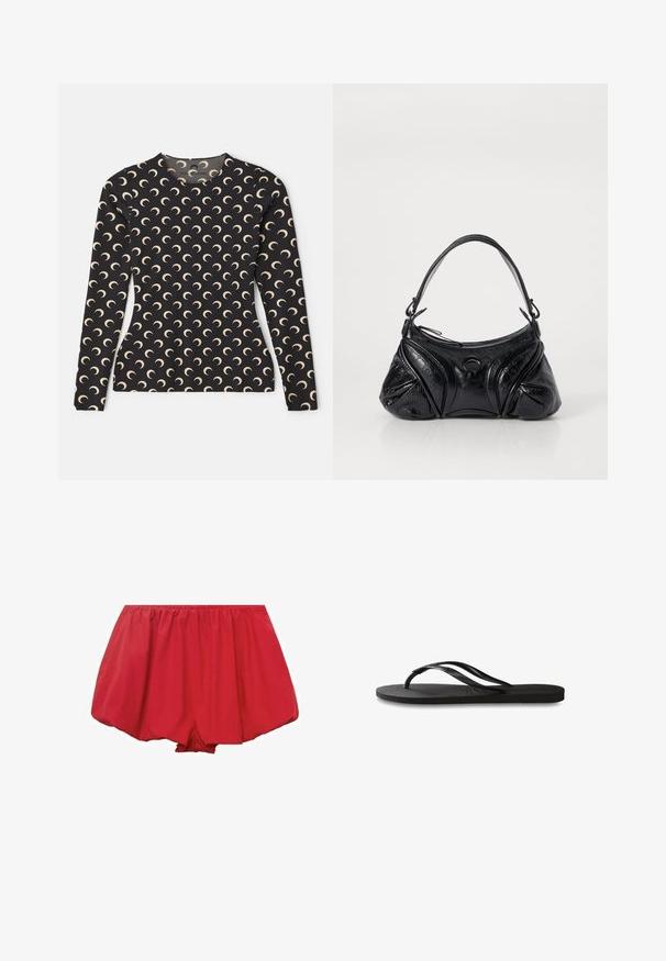 Long-sleeve black top with a repeated crescent moon pattern in beige. Features a round neck and smooth, stretchy fabric.; Red, lightweight shorts with an elastic waistband. Featuring a loose, flared design and gathered fabric for a relaxed fit.; Black flip-flop featuring a textured rubber sole, two slender straps, and a subtle, embossed logo detail on the strap.; Black handbag made of textured leather with a rounded shape. Features a thin shoulder strap and decorative embossed patterns.