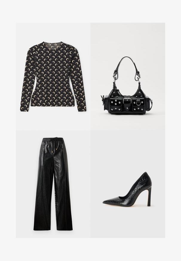 Ilga rankovė juoda golfo maikutė su pakartotiniu smailių mėnulio raštu smėlio spalva. Yra apvalus iškirpimas ir švelni, elastinga medžiaga.; Juodos odinės plačios kelnės su elastine juosta, raišteliu ir auksiniais akcentais. Lygus paviršius ir laisvas fasonas.; Juoda smailiakulnė aukšto kulno bateliai su krokodilo odos tekstūra, pasižymintys elegantišku dizainu, aukštu stiletu kulnu ir lygia juoda vidine dalimi.; Juodas odinis rankinukas su kreiviu dizainu, su sidabro spalvos knopkėmis, užsegimu ir dviem šoninėmis kišenėmis. Reguliuojama dirželis nešimui.