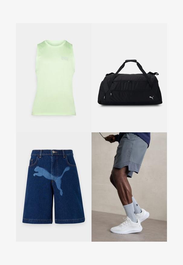 Light green sleeveless top made of smooth fabric, featuring a round neckline and a subtle "CNZ" logo printed on the front.; Denim shorts in dark blue featuring a light blue silhouette of a leaping cat. Classic design with five pockets and visible stitching details.; White athletic shoes with textured mesh upper, paired with light blue ribbed socks featuring a logo. Grey athletic shorts with perforated trim.; Black duffel bag made of durable fabric, featuring dual zip compartments, padded handles, and a white Puma logo on the side.