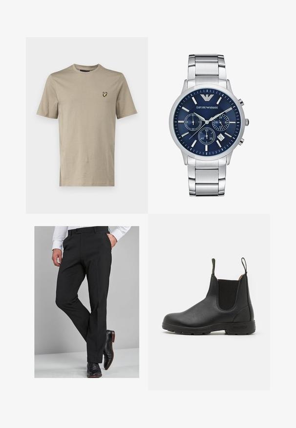Lyle & Scott - T-shirt basic; Czarne spodnie wizytowe o dopasowanym kroju, z gładką teksturą, prostymi nogawkami i pętelkami na pasek, w zestawie z wypolerowanymi czarnymi butami wizytowymi.; Czarne skórzane botki Chelsea z elastycznymi bokami, pętelką do zakładania, wytrzymałą gumową podeszwą i widocznymi szwami. Gładka tekstura na całej powierzchni.; Emporio Armani Zegarek chronograficzny