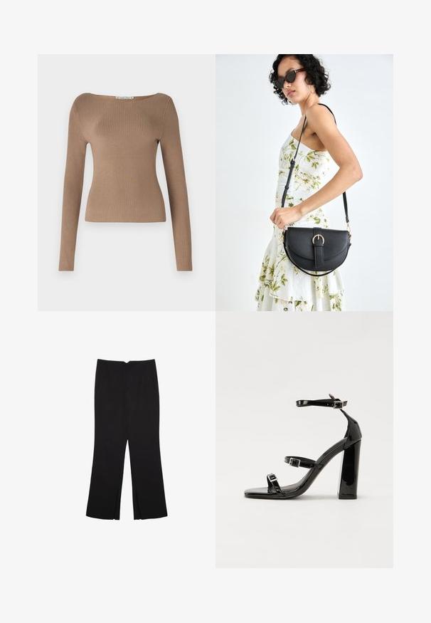 Hladký dlouhý rukáv top v světlé hnědé barvě, s širokým výstřihem a přiléhavým střihem, který zvýrazňuje postavu.; Černé kalhoty s rovným střihem, s předními kapsami a bočními rozparky na lemu. Vyrobené z jemné, hladké tkaniny. Vhodné na různé příležitosti.; Černé lakované sandály na podpatku se čtveratou špičkou, lýtkovými pásky a stříbrnými přezkami. Disponují masivním blokovým podpatkem pro stabilitu.; Černá kožená kabelka s křivkovým tvarem, odnímatelným popruhem a zlatými detaily. Kabelka má klopu s přezkou.