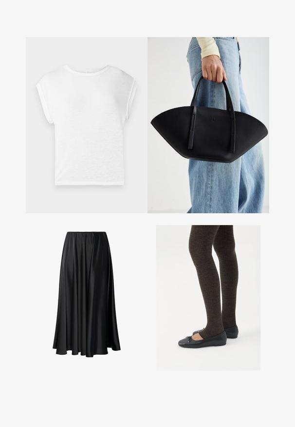 T-shirt branco de mangas curtas com um decote redondo. Tecido leve e macio, com um corte descontraído, mangas tipo cap e bainha reta.; Saia maxi preta feita de tecido suave, com uma cintura elástica, silhueta ampla e uma bainha fluida, sem padrões ou detalhes visíveis.; Sapatos planos pretos com um pequeno laço na ponta, emparelhados com meias-calças caneladas castanhas escuras. Os sapatos têm uma textura suave e um design discretamente baixo.; Bolsa de mão em couro preto com uma forma única em leque, apresentando alças planas. A superfície tem uma textura pebble e um design minimalista.