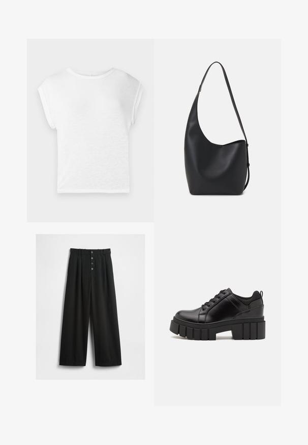 T-shirt bianco a maniche corte con scollo rotondo. Tessuto morbido e leggero, vestibilità comoda, con maniche a cappuccio e orlo dritto.; Pantaloni neri a gamba larga realizzati in un tessuto strutturato. Presentano una vita alta, una chiusura frontale a cinque bottoni e pince stirate per un tocco di dettaglio in più.; Scarpe platform in pelle nera con tacco a blocco robusto, punta rotonda e design tradizionale con lacci. Presentano una superficie liscia e dettagli minimi.; Borsa hobo nera in pelle con una superficie liscia, forma curvata e una singola tracolla regolabile; presenta un'ampia apertura nella parte superiore.