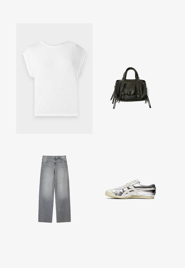 Weißes T-Shirt mit kurzen Ärmeln und rundem Ausschnitt. Weicher, leichter Stoff, lockere Passform, mit angeschnittenen Ärmeln und geradem Saum.; Graue Denim-Jeans mit weitem Bein und leicht ausgewaschenem Finish, ausgestattet mit fünf Taschen, einem frontalen Knopfverschluss und Gürtelschlaufen.; Silberne metallische Sneaker mit weißen Akzenten und Schnürsenkeln. Verfügt über eine strukturierte Oberfläche, eine abgerundete Zehenpartie und eine Gummi-Sohle mit einem Muster für besseren Halt.; Schwarze Lederhandtasche mit geflochtenen Griffen, Reißverschlussfach und hängenden Quasten. Strukturiert Oberfläche mit Metallnieten und Hardware-Akzenten.