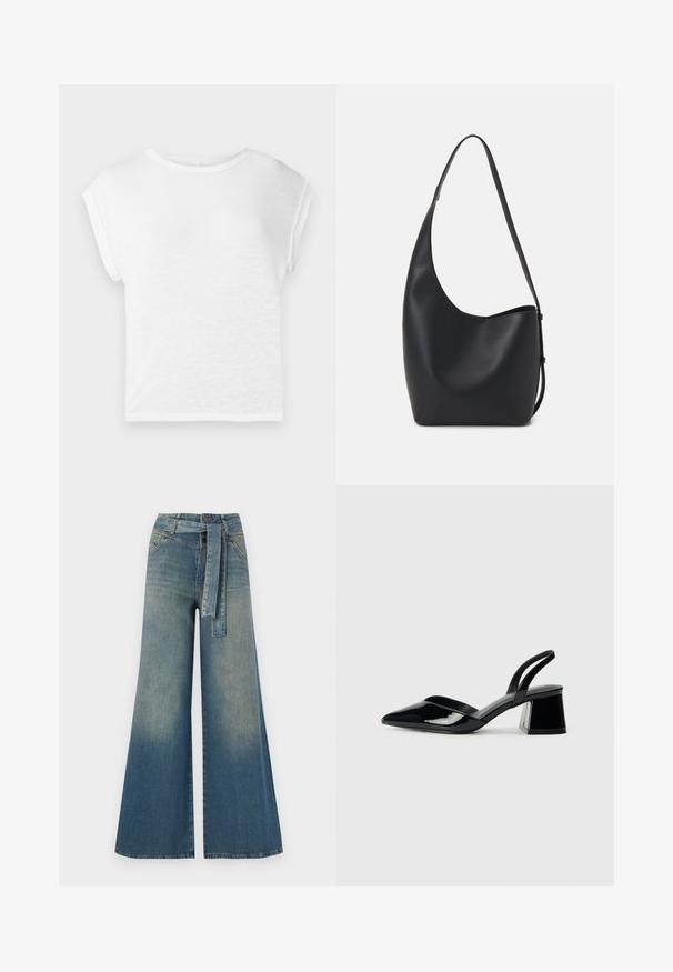 White short-sleeve t-shirt with a round neckline. Soft, lightweight fabric, relaxed fit, with cap sleeves and straight hem.; Wide-leg denim trousers featuring a light to dark blue gradient, high waist, belt loops, and a matching fabric belt. Textured denim finish.; Black patent leather slingback heels with a pointed toe and a geometric block heel. Features a sleek, minimal design and smooth texture.; Black leather hobo bag with a smooth texture, curved shape, and single adjustable strap; features a wide opening at the top.