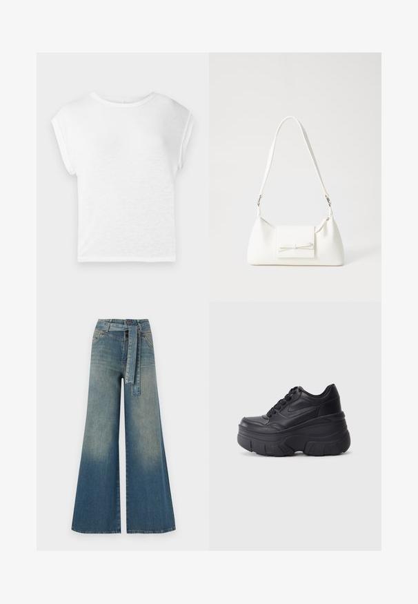 Hvid kortærmet t-shirt med rund halsudskæring. Blødt, let stof, afslappet pasform, med kapærmer og lige kant.; Bredbens-denimbukser med en lys til mørk blå gradient, høj talje, bælteløkker og et matchende stofbælte. Tekstureret denimfinish.; Sorte snørebåndssneakers med en kraftig sål, der har en glat læderoverdel, rund tå og et markant lagdelt plade-design.; Hvid syntetisk håndtaske med en trekantet form, flad forsideklap og sløjfedetalje, justerbar strop, glat tekstur og minimalistisk design.