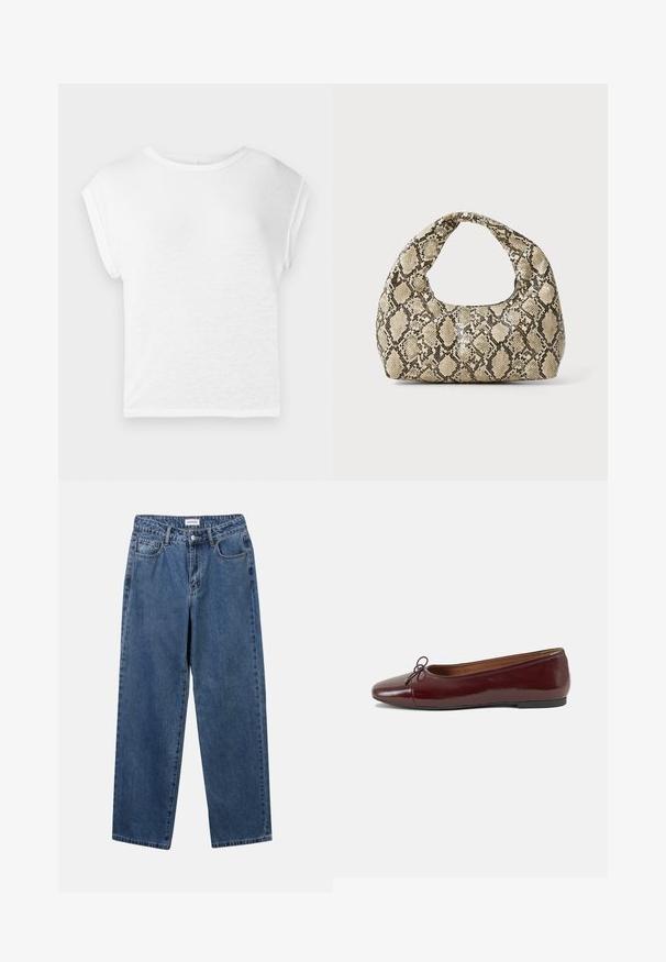 T-shirt branco de mangas curtas com um decote redondo. Tecido leve e macio, com um corte descontraído, mangas tipo cap e bainha reta.; Jeans de denim azul clássicos com um design de perna reta, cinco bolsos e fecho de botão. Apresenta um tratamento médio e uma textura resistente.; Bailarinas em couro sintético borgonha com bico redondo, pequeno laço na frente e sola baixa em borracha preta. Textura suave.; Bolsa com padrão de pele de cobra e uma alça curva. Feita de materiais texturizados em bege e castanho, apresentando um padrão de diamante distintivo.
