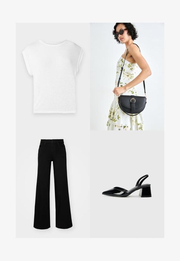 Balta trumpa rankovėmis marškinėliai su apvalia iškirpte. Minkšta, lengva medžiaga, laisvas siluetas, su trumpomis rankovėmis ir tiesiu apvadu.; Juodos plačios kelnės iš denimo, turinčios struktūruotą juosmenį, diržo kilpas ir priekines kišenes. Lygus paviršius su klasikinio dizaino elementais.; Juodos lakuotos odinės šlepetės su smailiu pirštu ir geometriniu bloko kulnu. Turi elegantišką, minimalistinį dizainą ir lygų paviršių.; Juodas odinis krepšys su išlenkta forma, nuimamu dirželiu ir auksiniais detalėmis. Krepšys turi kilpą su sagtimi.