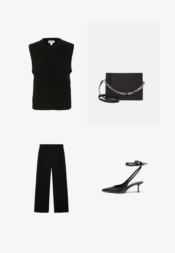 Svart ärmlös tröja, tillverkad av en mjuk textur, har rundad halsringning och en avslappnad passform. Enkelt och odekorerat mönster.; Svarta högmidjade byxor med vida ben, bältesöglor och sidfickor, med dragkedja och knappstängning fram.; Svart lädersandalett med spetsig tå, öppen baksida och ankelremmar som är knutna i en rosett. Smal 3-tums klack. Slät textur, minimalistisk design.; Svart läder crossbody-väska med en slät yta, rektangulär form och metallickedjedetalj på framsidan. Justerbar rem ingår.