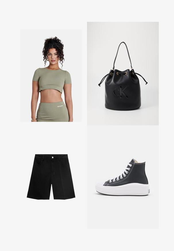 Olivengroen geribbeld crop top met korte mouwen, voorzien van een ronde halslijn en een iets verkorte zoom. Vergezeld van een bijpassende rok.; Zwarte denim shorts met een rechte snit, vijf zakken en een zilveren knoopsluiting. Gladde textuur met minimale stikseldetails.; Zwarte high-top sneaker met witte veters en rubberen zool. Heeft een gladde leren textuur en witte stiksels.; Zwarte leren emmer tas met trekkoord sluiting, voorzien van een glanzend "CK" logo aan de voorkant en gouden hardware accenten.