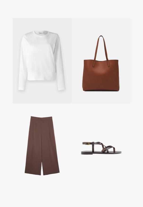 White long-sleeve t-shirt made of cotton, featuring a round neck and a relaxed fit. The design is simple with no visible patterns or accents.; Brown wide-leg trousers with a smooth texture, featuring a high waist and front pleats. The fabric is lightweight and flows loosely.; Brown leather sandal featuring crisscross straps, an ankle buckle closure, and a flat sole with minimal stitching details.; Brown leather tote bag with a smooth texture, open top design, and two shoulder straps. Features minimal stitching and no visible hardware.
