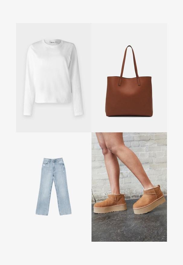 Weißes Langarmshirt aus Baumwolle mit Rundhalsausschnitt und lockerem Schnitt. Das Design ist einfach, ohne sichtbare Muster oder Akzente.; Hellblaue Jeans aus Denim mit weiter Beinform, mit Used-Details, fünf Taschen und einem Reißverschluss.; Braune Wildleder-Stiefeletten mit einem weichen Futter, dicker beige Plateau-Sohle und einer Zuglasche auf der Rückseite. Strukturiert Oberfläche mit sichtbaren Nähdetails.; Braune Leder-Tote mit glatter Textur, offenem Oberteil und zwei Schulterriemen. Verfügt über minimale Nähte und keine sichtbaren Beschläge.