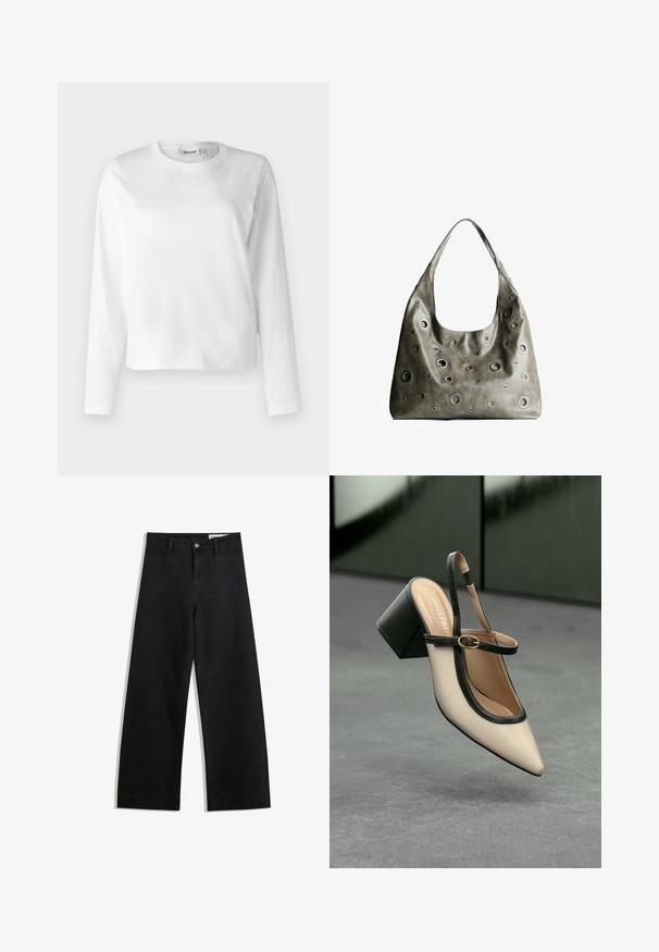 Bela majica z dolgimi rokavi iz bombaža, s krožnim ovratnikom in sproščenim krojem. Oblikovanje je preprosto, brez vidnih vzorcev ali poudarkov.; Črne široke denim hlače z visokim pasom, ki imajo sprednje in zadnje žepe, šivane šive ter gumbasto zapiranje. Gladka tekstura.; Bežna slingback čevlja z uskim sprednjim delom, črnimi detajli, zlatim zaponko in debelim blokovskim peto na sivi tleh s temno zeleno ozadje.; Olivnozeleni usnjeni ročni torbici z ohlapno obliko, ki ima različne velikosti okroglih izrezov in poudarke v temnejših in svetlejših odtenkih.