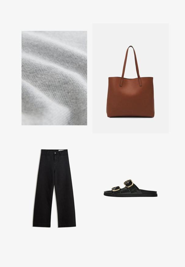Svetlo siva tkanina z teksturiranim, rebrastim vzorcem; mehka in rahlo puhasta površina, prikazujejoča gladke, tekoče gube.; Črne široke denim hlače z visokim pasom, ki imajo sprednje in zadnje žepe, šivane šive ter gumbasto zapiranje. Gladka tekstura.; Črne drsne sandale z dvema zlatima zaponkama, gladkega materiala, ravnim podplatom in minimalističnim dizajnom.; Rjava usnjena torba z gladko teksturo, odprto zasnovo zgoraj in dvema naramnima trakovoma. Opremljena je z minimalnim šivanjem in brez vidnih kovinskih delov.