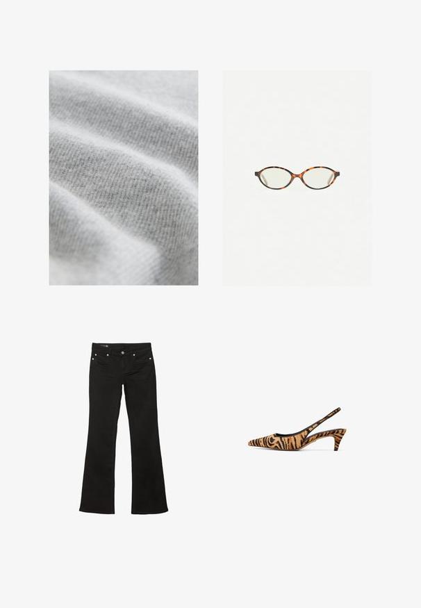 Jasnoszara tkanina o teksturowanym, prążkowanym wzorze; miękka i lekko puszysta powierzchnia, ukazująca gładkie, płynne fałdy.; Czarne jeansy w stylu dzwonów o gładkiej fakturze, z miedziową metalową ozdobą i tradycyjnym pięciopocketowym designem.; Sandały na obcasie z odkrytymi piętami w pomarańczowo-czarny wzór tygryski, z cienkim obcasem i otwartym tyłem dla lepszej wentylacji.; Okulary w kolorze tortoiseshell z owalnymi soczewkami i gładkim, eleganckim wykończeniem. Posiadają cienkie boki z delikatnym łukiem w okolicy skroni. Przezroczyste soczewki.