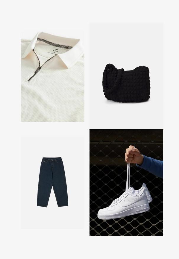 Balts polo krekls ar faktūru, ar rāvējslēdzēju un армēņu iekšpusi apkaklei. Etiķete norāda "NEXT" un izmērs "M".; Tumši zili augsto vidukli bikši ar brīvu piegriezumu, piecu kabatu un pogu aizdari. Izgatavoti no gludas auduma.; Baltas ādas sporta apavi ar perforācijām, apaļu purngali, plakanu zoli un biezām šņorēm, ar redzamu swoosh logo un vārdu "AIR" uz papēža.; Melnas auduma soma ar strukturētu, quiltotu rakstu. Apaļa forma, īsas, resnas rokturi un mīksta, elastīga konstrukcija.