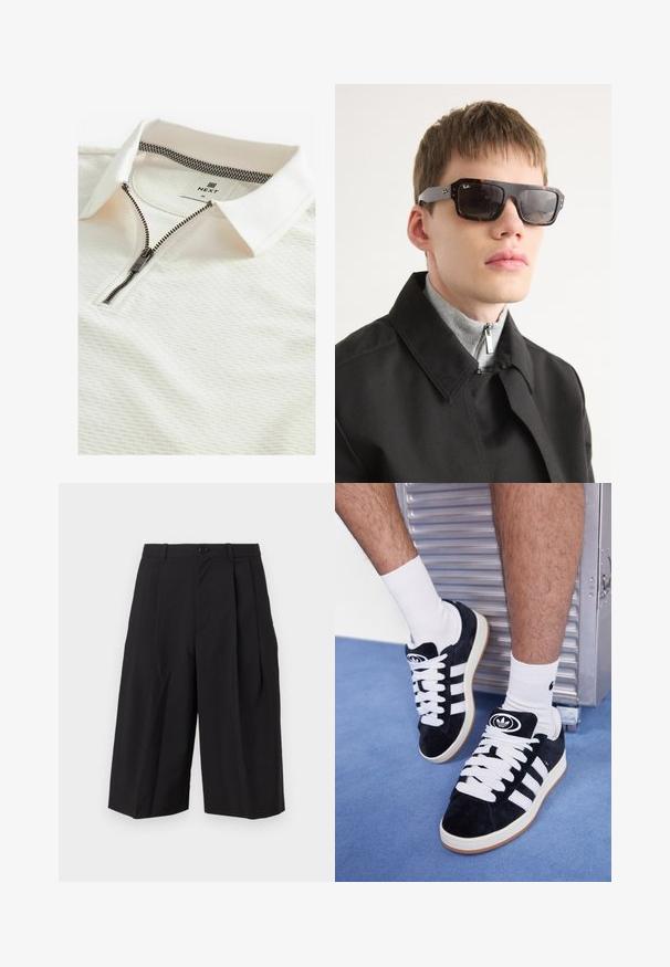 Balts polo krekls ar faktūru, ar rāvējslēdzēju un армēņu iekšpusi apkaklei. Etiķete norāda "NEXT" un izmērs "M".; Melni krokoti šorti, kas izgatavoti no gludas tekstūras auduma, ar aizmugurējo pogu aizdari un platām, brīvi pieguļošām kājām.; Melni zamšaini sporta apavi ar baltiem šņorēm un trim baltām svītrām. Iekļauj arī apaļu melnu logotipu uz mēles un gumijas zoli.; Bruņurupuča raksta saulesbrilles ar melniem akcentiem un taisnstūra formu. Pelēkie kātiņi ir ar zīmola logo. Tās valkā ar melnu mēteļa un pelēku augstu kakla topu.