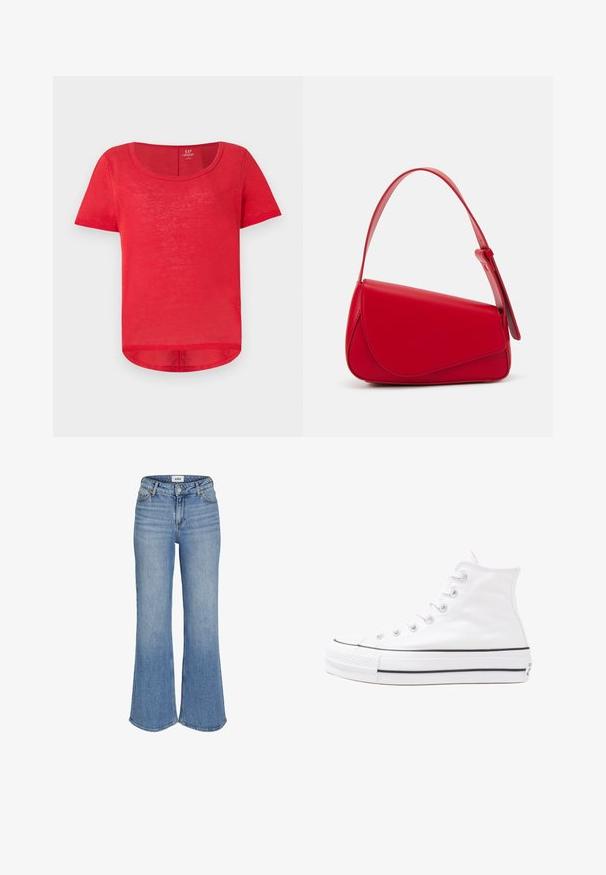 Rdeča majica s kratkimi rokavi iz lahkotnega materiala. Ima okroglo ovratnico in rahlo zaobljen rob. Mehka tekstura z prosojnim videzom.; Svetle modre traperice s širokimi hlačnicami in visokim pasom, ki vključujejo sprednje žepe, zadrgo in rahlo zbledel videz. Vidna šivanje ob robovih.; Beli visoki platneni športni čevelj z črnim gumijastim podplatom, sprednjim gumijastim zaščitnikom za prste in šestimi luknjicami za vezalke, ki se ponaša s preprostim, minimalističnim dizajnom.; Rdeča usnjena torba z angularnim, geometrijskim dizajnom. Ima en samostoječ nastavljiv ročaj in pokrov, zaprt z zapiranjem, ki je okrašen s šivi.