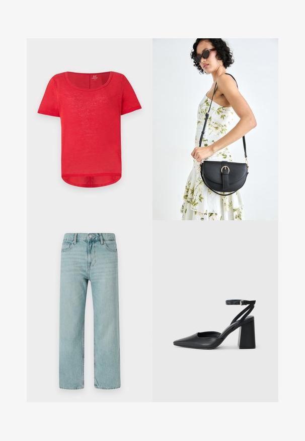 Red short-sleeve T-shirt made of lightweight fabric. Features a rounded neckline and a slightly curved hem. Soft texture with sheer appearance.; Light blue wide-leg jeans made from denim, featuring a classic five-pocket design, clean lines, and a regular waistband with a button closure.; Black leather pointy-toe pump with an ankle strap and a chunky heel. Flat texture, sleek design, and minimalistic aesthetics.; Black leather handbag with a curved shape, detachable strap, and gold hardware. The bag features a flap with a buckle detail.
