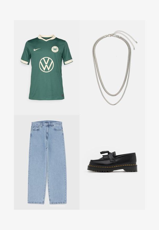 Zöld sportmez légáteresztő anyagból, fehér gallérral és ujjakkal. Kiemelkedő Volkswagen logóval és klub emblémával rendelkezik.; Világoskék farmernadrág egyenes szárú kivitelben, közepes derékkal, öt zsebbel, gombos és cipzáros záródással.; Fekete bőr mokaszin, rojtos díszítéssel, masszív fekete talppal és sárga varrással az élén. Texturált felület.; Háromrétegű ezüstszínű fém nyaklánc, letisztult, rugalmas láncokkal, enyhe fényességgel, homárkapoccsal rögzítve és állítható lánccal.