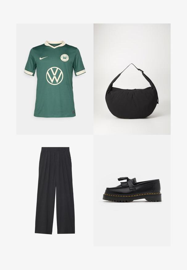 Camisa desportiva verde feita de tecido respirável, com um colarinho e acabamentos nas mangas em branco. Apresenta um logótipo proeminente da Volkswagen e o emblema do clube.; Calças de perna larga feitas de tecido cinza escuro. Apresentam pregas na cintura, um design sob medida e uma silhueta reta.; Mocassim de couro preto com um detalhe de franjas, apresentando uma sola preta robusta e costura amarela ao longo da borda. Acabamento texturizado.; Bolsa de ombro de tecido preto com uma forma curvada, com uma alça única e fecho com zíper. Textura suave, design minimalista.