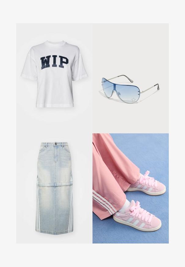 Bijela pamučna majica kratkih rukava, s tamnoplavim otisnutim "WIP" natpisom sprijeda i okruglim izrezom.; Suknja midi od trapera svijetloplave boje, s bočnim trakama, prilagođenim pojasom i prednjim džepovima. Distresirani izgled dodaje detalj.; Roze atletske tenisice s svijetloplavim prugama, okrugli vrh i debele roze vezice, u kombinaciji s roze trenirkama koje imaju bijele bočne pruge.; Naočale tipa avijatičar s gradijentnim plavim staklima, okvirom od srebrnog metala i dekorativnim zvjezdastim naglascima na staklima. Glatki i elegantni dizajn.