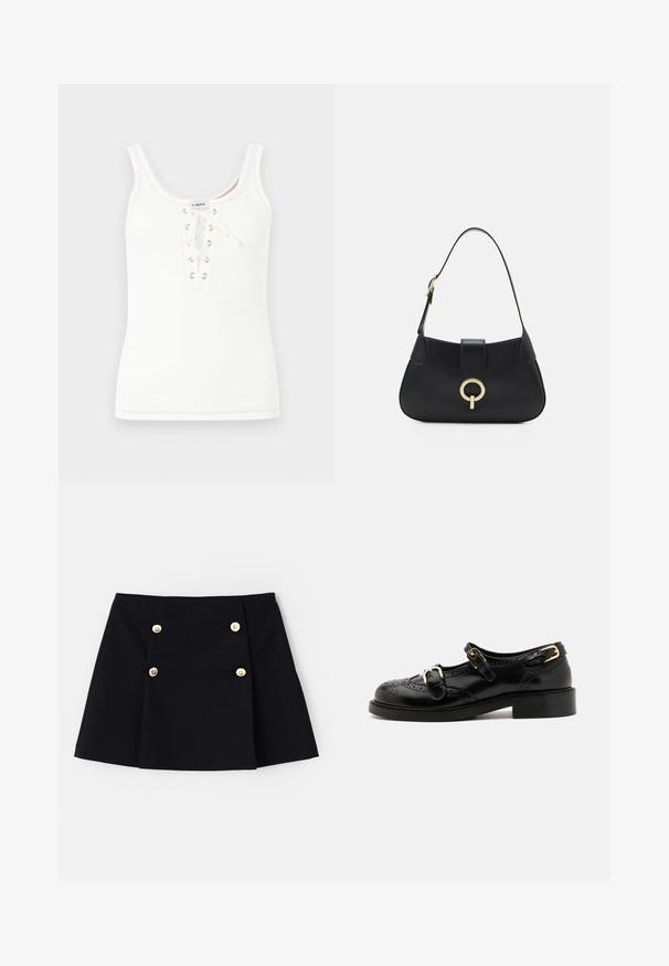 Top fără mâneci alb cu secțiuni ondulate, având un decolteu rotund și un sistem de închidere cu șnur și eyelet-uri din metal, decorat cu detalii de cusătură contrastante.; Fustă mini neagră dintr-un material flexibil, cu două butoane aurii în față, design pliat și margine dreaptă.; Pantofi din piele neagră cu detalii brogue, având două curele cu cataramă, vârf rotund și toc jos. Textură netedă cu finisaj lucios.; Geantă din piele neagră cu o silueta curbată, curea scurtă, accesorii centrala de nuanță aurie și textură netedă. Fără modele sau accente vizibile.