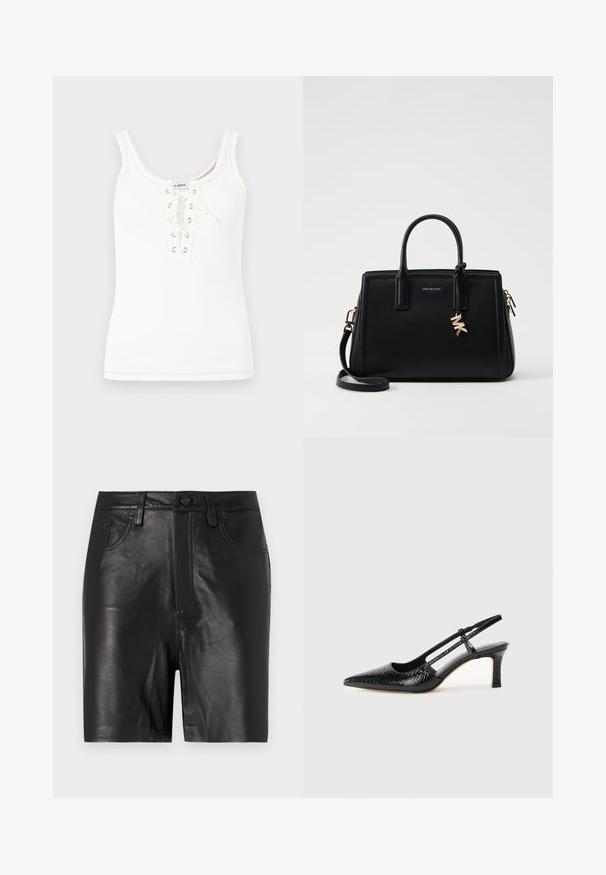 Fehér bordázott ujjatlan felső, fűzős elejével, fémborítású szemekkel és kerek dekoltázzsal, kontrasztos varrási részletekkel.; Fekete bőr sort, sima textúrával, elülső cipzárral, gombos záródással és klasszikus öt zsebes kialakítással.; Fekete lakk slingback sarok, hegyes orral, texturált kígyómintával, állítható pánttal és rövid, texturált tömbsarkal.; Fekete bőr kézitáska strukturált dizájnnal, dupla felső fogantyúkkal, levehető vállpánttal, arany színű fémrészletekkel és logómedál díszítéssel.