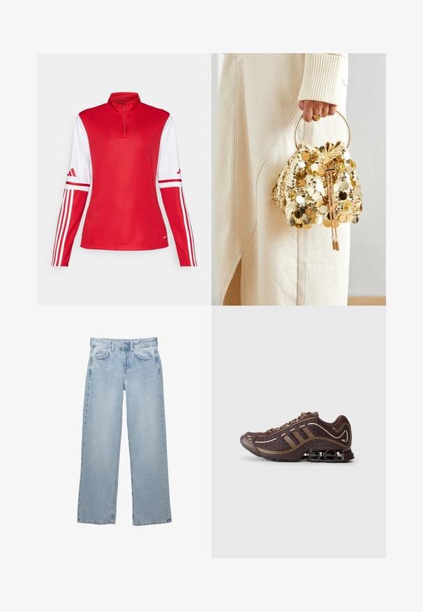 Rotes langärmliges Sportoberteil mit hohem Kragen, weißen Ärmelakzenten und drei weißen Streifen entlang der Ärmel. Mit einem halben Reißverschluss an der Vorderseite.; Helleblaue Denim-Jeans mit weit geschnittenem Design, ausgestattet mit einem Knopf- und Reißverschluss, fünf Taschen und minimalen Nähten.; Brauner Sportschuh mit Mesh- und Synthetik-Obermaterial, mit drei Streifen, detaillierter Steppnaht, dämpfender Sohle und charakteristischem federndem Absatz.; Goldfarbene Drawstring-Handtasche mit einem runden Griff, verziert mit glänzenden runden Pailletten und einem strukturierten Stoff. Abmessungen sind nicht angegeben.
