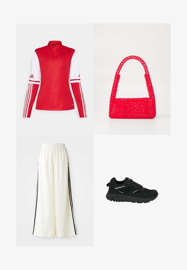 Röd långärmad sporttröja med hög krage, vita ärmdetaljer och tre vita ränder längs ärmarna. Har en halvdragkedja framtill.; Vita vida byxor med elastisk midja och svarta vertikala ränder längs yttersemsorna.; Svart vattentålig vandringsko med meshpaneler, texturerad sula, rund tå och reflexsnören. Har logga och dragflik vid hälen.; Röd handväska gjort av pärlad plast, med en fyrkantig botten och ett böjt handtag. Ytan har en texturerad, blank finish med ett mönster av pärlor.