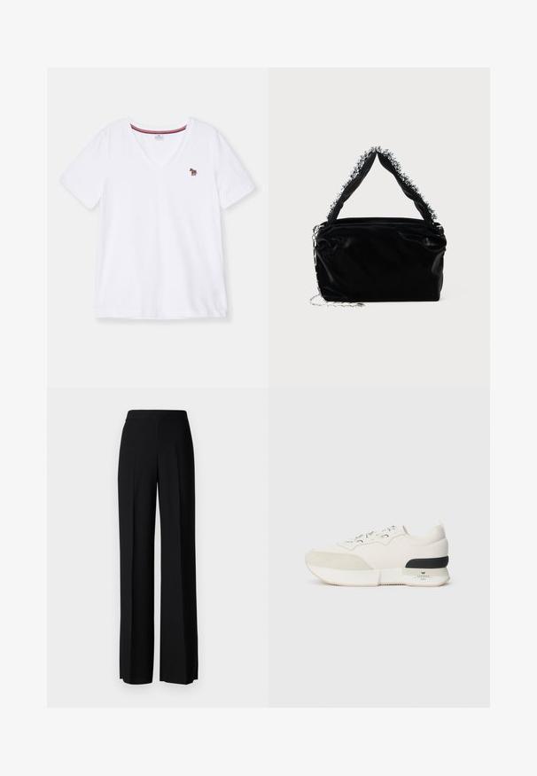 Witte V-hals T-shirt van katoen, met korte mouwen en een klein, kleurrijk geborduurd zebra-logo op de borst.; Zwarte wijde broek met een gladde textuur, voorzien van een hoge tailleband en middelste plooien. Geen zichtbare patronen of hardware-details.; Witte sneaker met een getextureerde suede neuskap, een soepel mesh bovenwerk, decoratieve veters en een zwarte rubberen hakaccent.; Zwarte nep leren handtas met een gestructureerde afwerking, voorzien van een bewerkte zilveren accent langs de bovenste handgreep en een schouderband van kettingen.