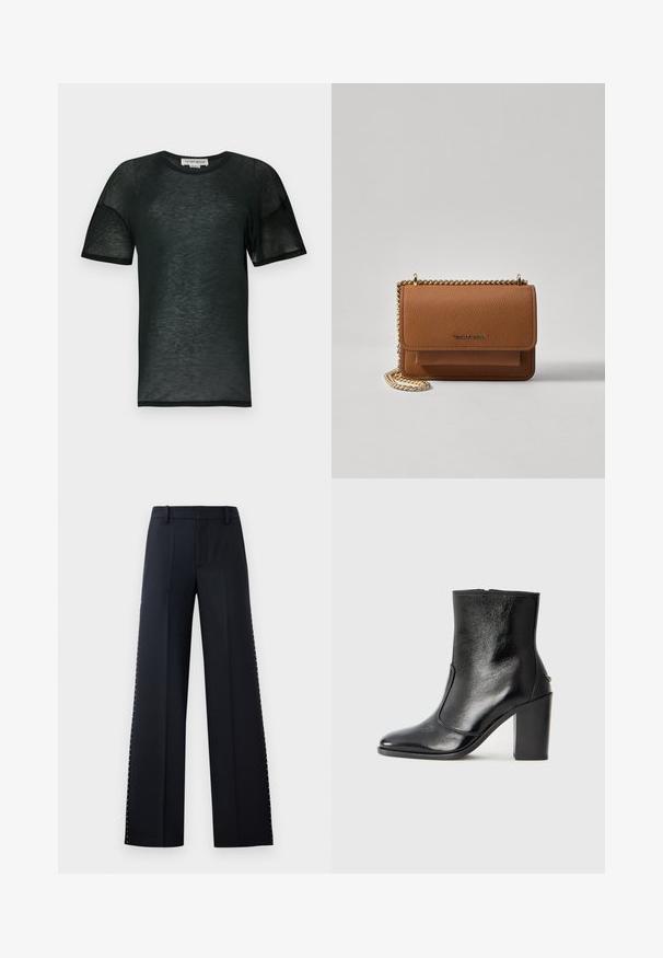 Camisa preta de manga curta feita de tecido transparente. Apresenta um decote redondo, um corte solto e uma textura subtil com um acabamento cuidado na bainha.; Calças de perna larga em preto. Corte ajustado com uma textura suave. Apresenta uma fileira de tachas metálicas ao longo das costuras laterais para detalhe.; Bota ankle preta em pele com uma textura suave, bico fino e um salto alto robusto. Apresenta uma abertura lateral e um design minimalista.; Bolsa crossbody de couro texturizado castanho com alça de corrente dourada e fecho com aba. A parte da frente apresenta detalhe do logótipo e um bolso sob a aba.