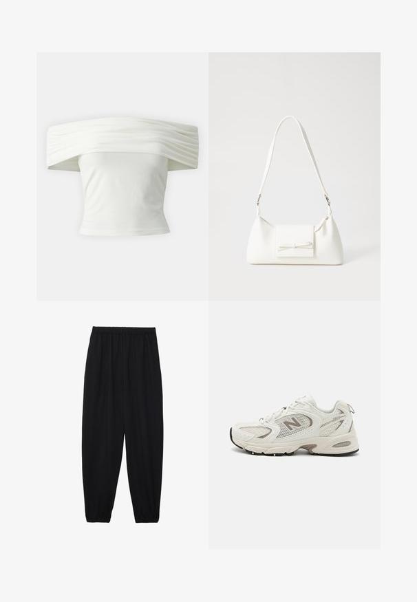 Off-shoulder vit topp med plisserad, strukturerad halsringning och åtsittande midja. Tillverkad av mjukt tyg med en slät yta.; Svarta, lätta byxor med elastisk midja och samlade ankleder. Tyget är slätt och har en avslappnad, avsmalnande design.; Vita nätlöparskor med grå detaljer, rundad tå, snörning, dämpad sula och en framträdande "N"-logotyp på sidan.; Vit syntetisk handväska med triangulär form, platt framklaff och rosettdetalj, justerbar rem, slät textur och minimalistisk design.