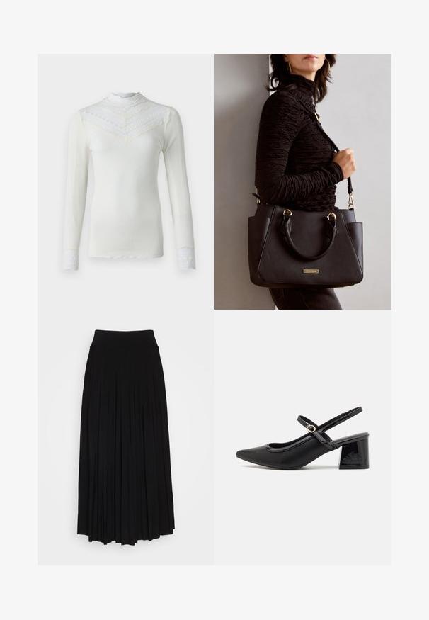 Rosemunde BENITA REGULAR T NECK - Camiseta de manga larga - ivory; Falda negra con plisados y una cinturilla alta y elástica. Fabricada en una tela suave, presenta plisados verticales que crean una silueta fluida.; Tacones slingback de charol negro con punta afilada, un diseño de corte redondeado y tacón bloque. Incluye un detalle de hebilla en tono dorado.; Bolso negro con superficie texturizada, doble asa superior y correa para hombro ajustable. Presenta herrajes en tono dorado y bolsillos laterales.