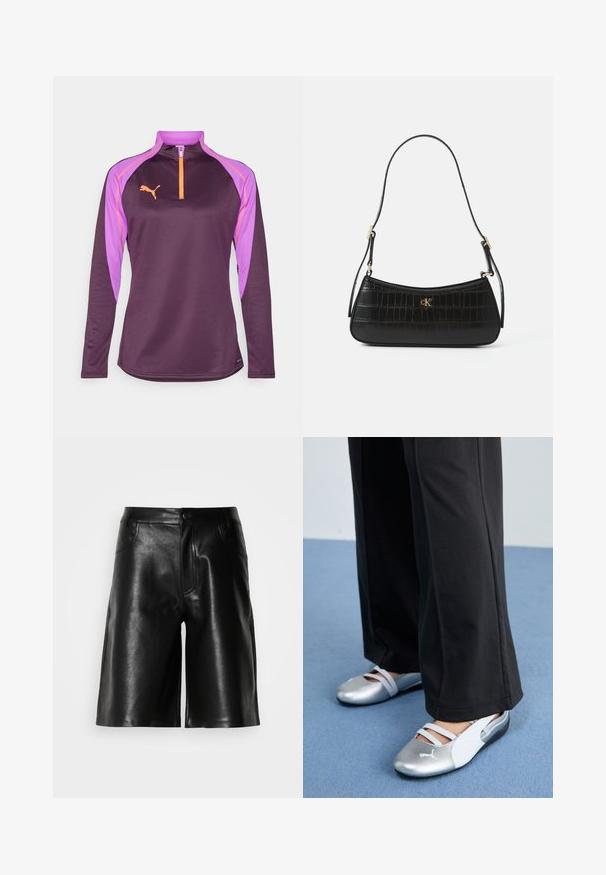 Lila, hosszú ujjú sportos felső fél cipzárral, világoslila kontrasztos ujjak és narancssárga logó a mellkason. Sima textúra.; Fekete bőrnadrág sima felülettel, elülső zsebekkel, cipzáras résszel és testhezálló szabással.; Ezüst és fehér lapos cipők keresztpántokkal és textúrált részletekkel, lazán fekete nadrágokkal párosítva. Kék padlóra állítva.; Fekete bőr kézitáska krokodilbőr mintázattal, karcsú formával és arany kiegészítőkkel. Egyetlen válltartó pánttal és domború logó részlettel rendelkezik.