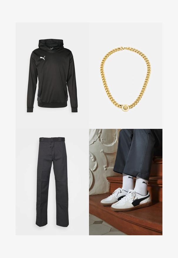 Čierna mikina s kapucňou vyrobená z hladkej látky, s dlhými rukávmi, klokankovým vreckom a bielym logom na hrudníku.; Čierne nohavice z odolnej tkaniny, s rovnými nohavicami, pásom s pútkami na opasok a švami pre zvýraznenie textúry.; Tenisky Puma v bielej a čiernej z semišu, s hnedou gumovou podrážkou. Kombinované s bielymi ponožkami s čiernym logom, nosené s tmavými nohavicami.; Zlatý náhrdelník s veľkými prepojenými článkami, ktorý má v strede okrúhly prívesok s vyvýšeným emblémom.